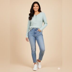 AERIE Waffle Long Sleeve Button-Down Thermal Henley Top Mint Green Womens XL